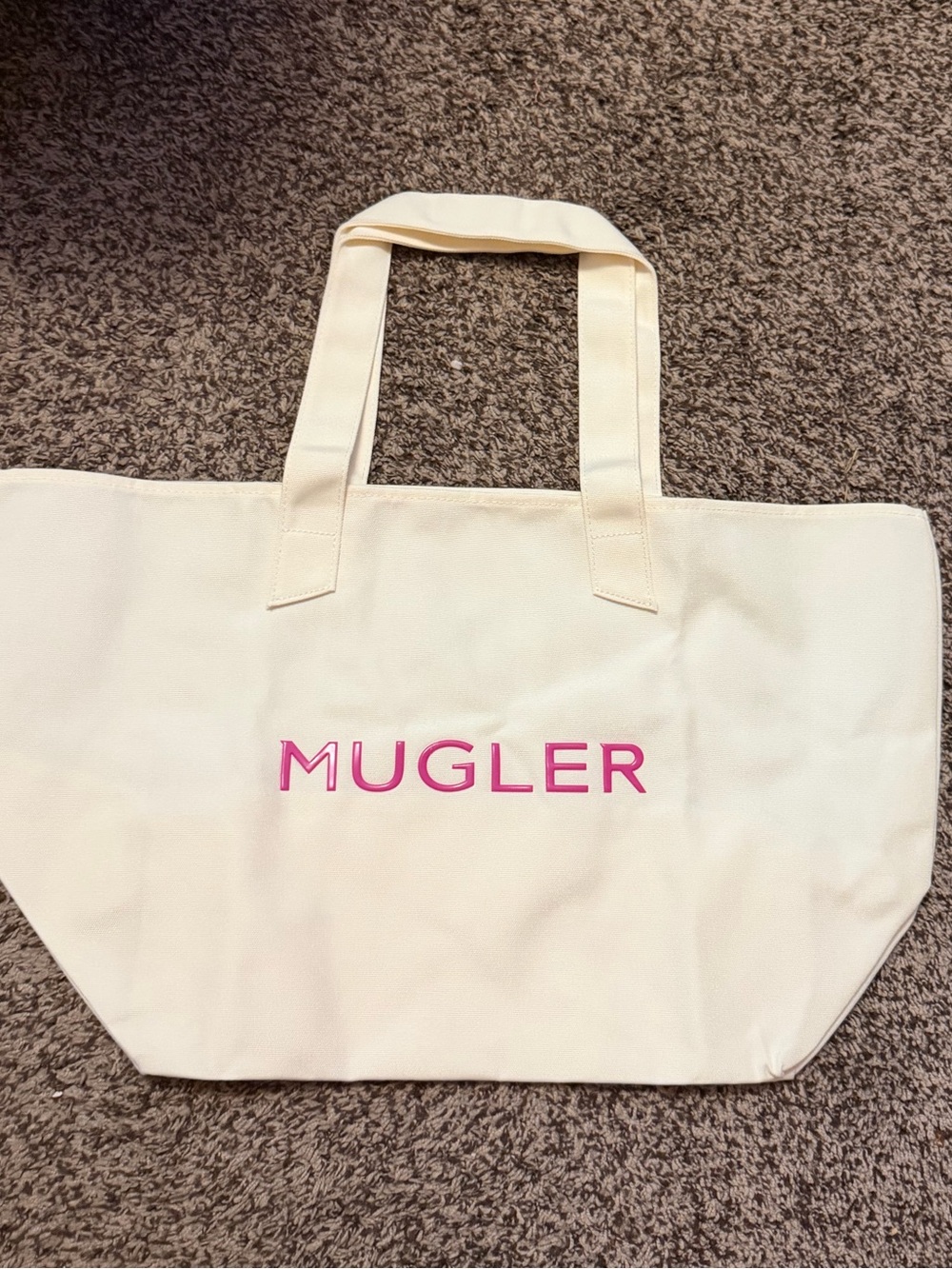 Mugler Cream Canvas Tote with Pink Logo Center